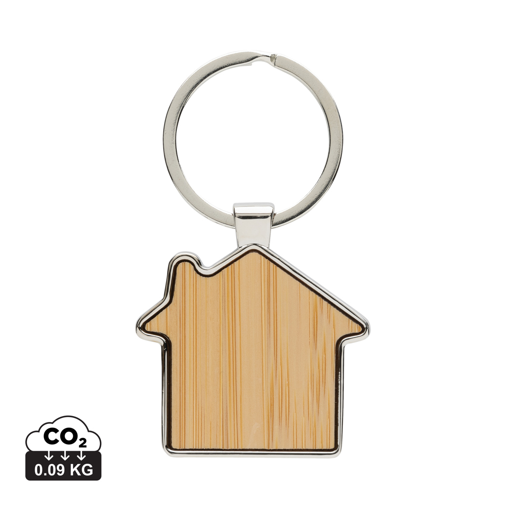 Porte-clés maison zinc recyclé et bambou à personnaliser argent et marron
